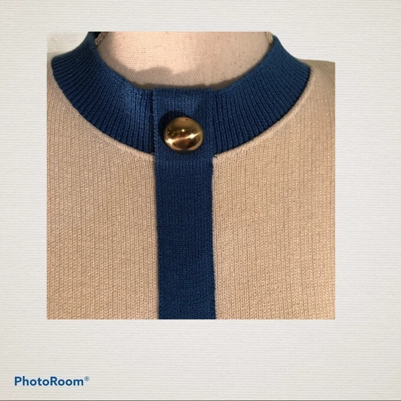 Vintage SCHRADER KNIT Sz ? Blue & Cream Dress - Picture 3 of 9